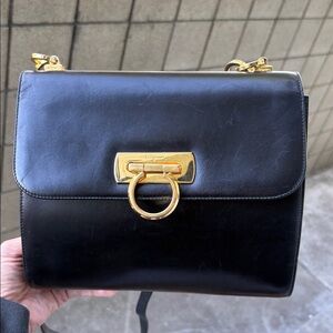 Authentic Vtg. SALVATORE FERRAGAMO Black Leather Gancini Flap Crossbody Bag